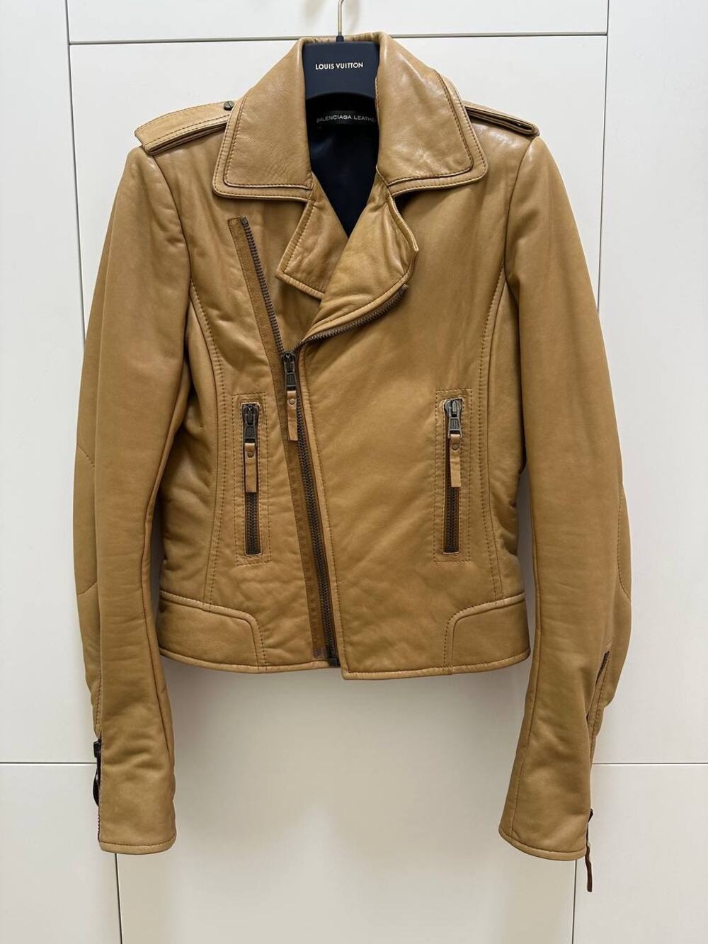 Balenciaga 2009 Tan Khaki Lamb Leather Biker Jacket Sz40